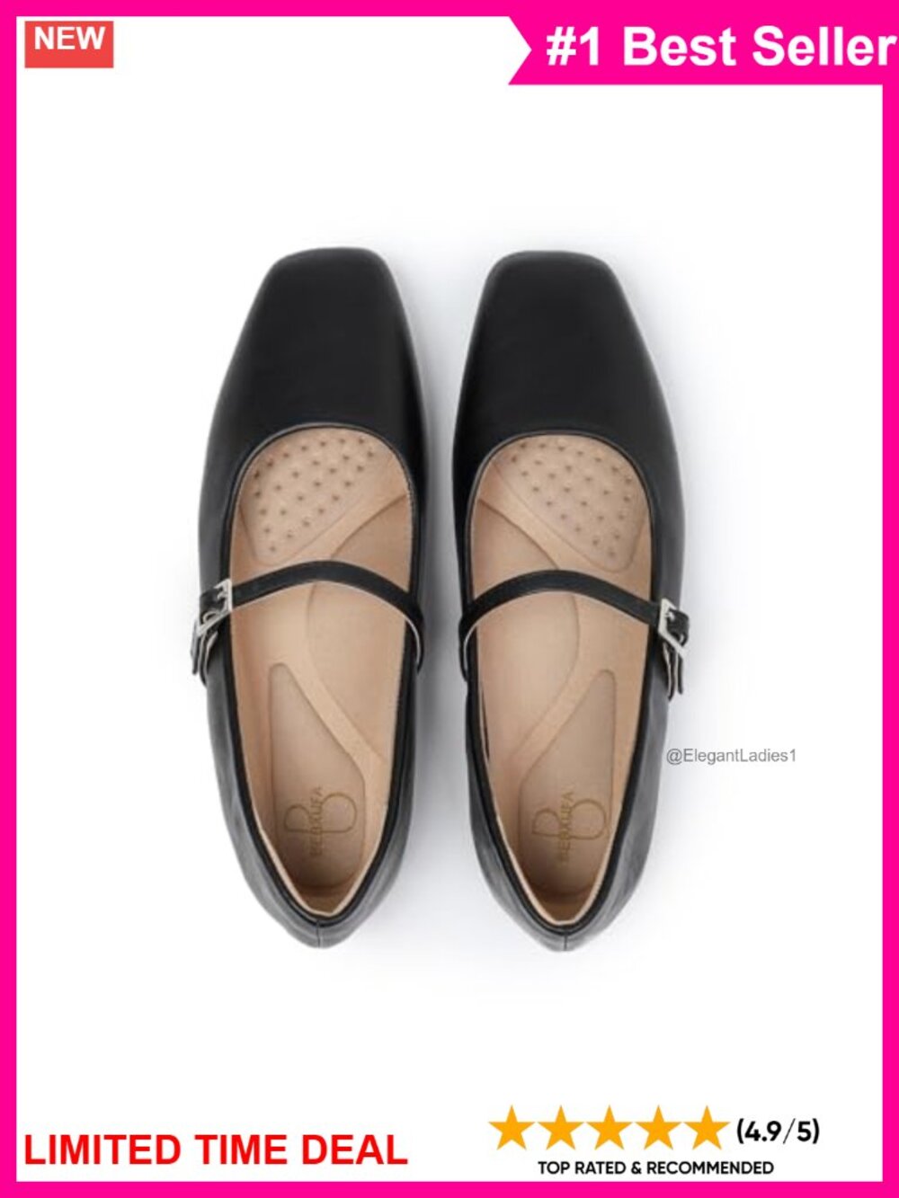Square Toe Mary Jane Flats Faux Leather Adjustable Strap Comfort Work